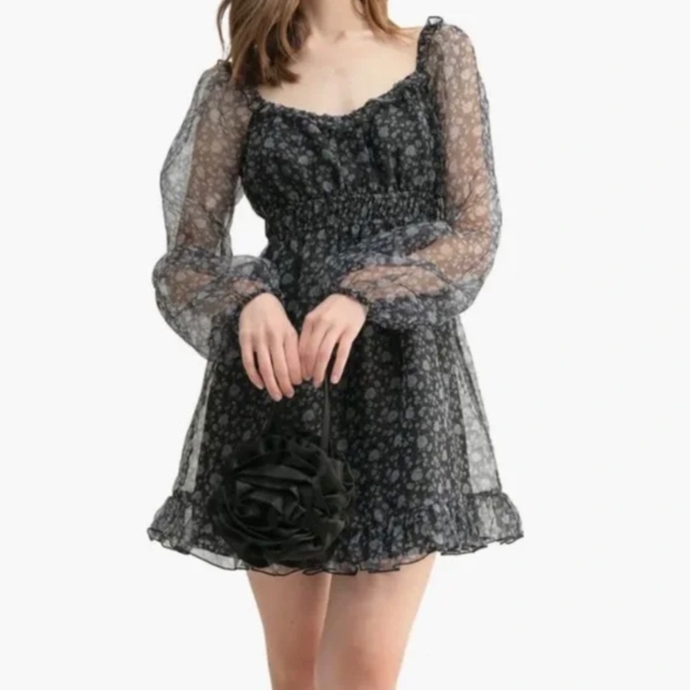 All in Favor Organza Long Sleeve Lined Puff Sleeve Ruffle Mini Dress Floral XS
